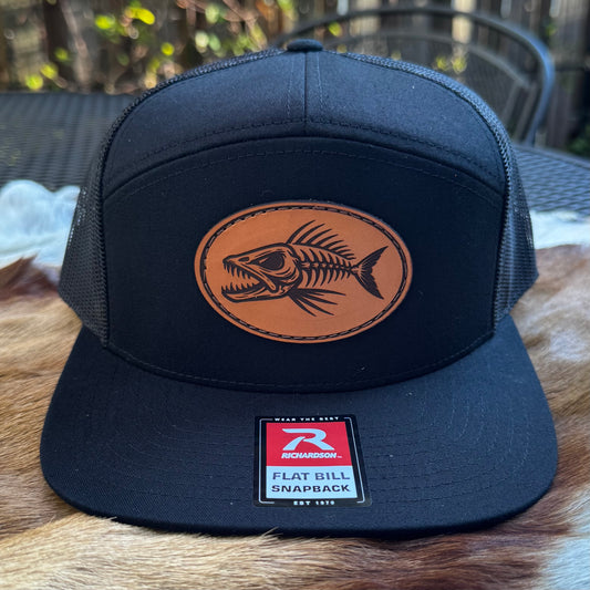 “Blackwater Bonefish” Leather Patch Hat – Black Flat Bill Snapback