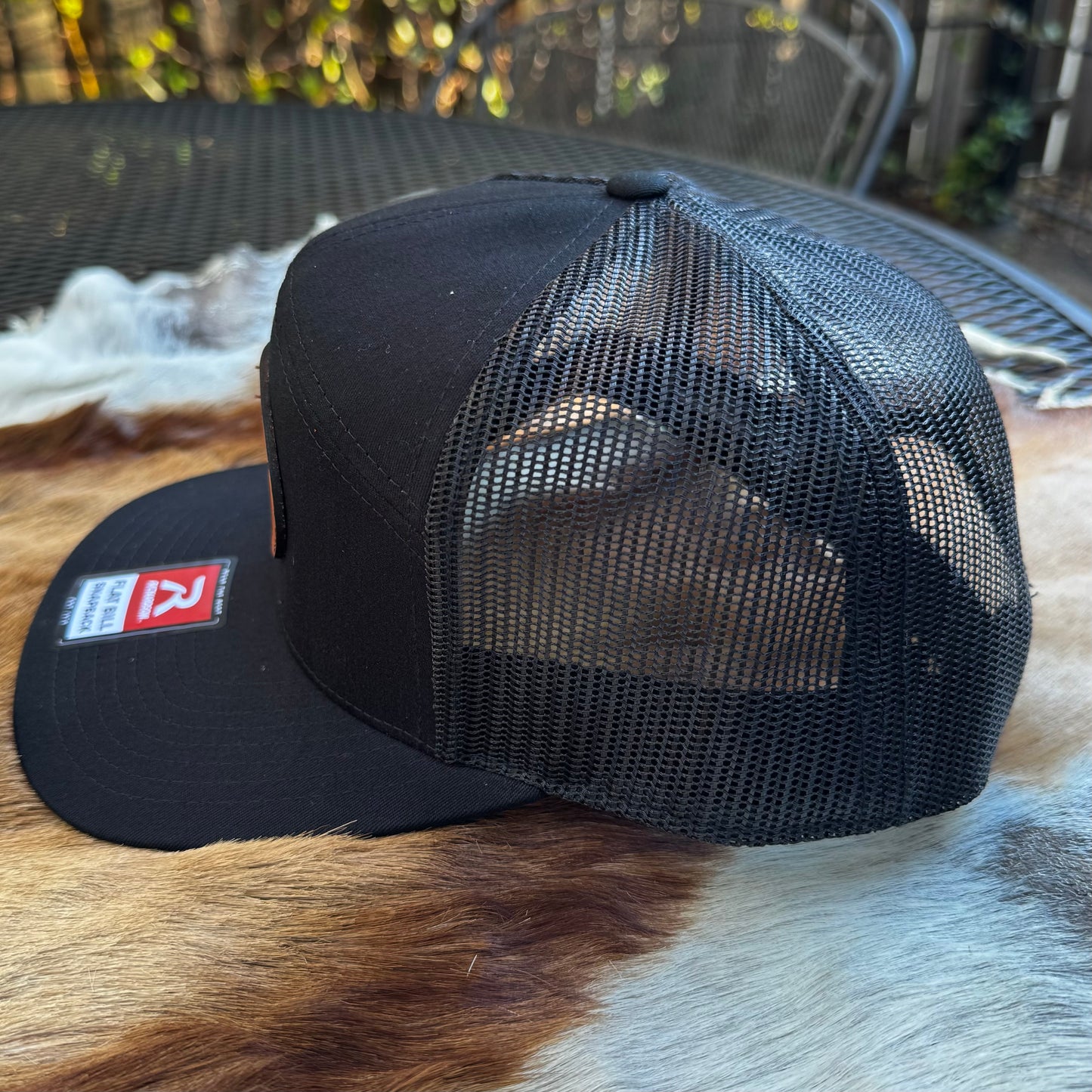 “Blackwater Bonefish” Leather Patch Hat – Black Flat Bill Snapback