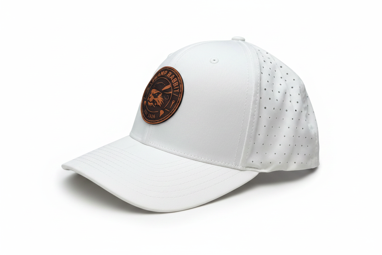 Swamp Rabbit Performance Hat – White | Leather Patch Golf Hat