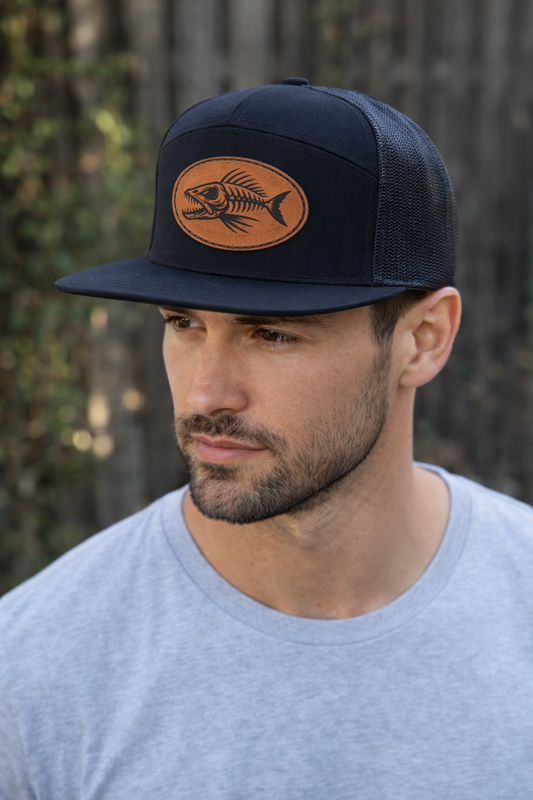 “Blackwater Bonefish” Leather Patch Hat – Black Flat Bill Snapback
