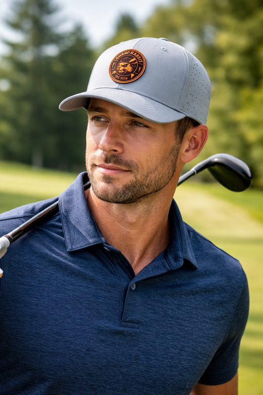 Swamp Rabbit Performance Hat – Light Grey | Leather Patch Golf Cap