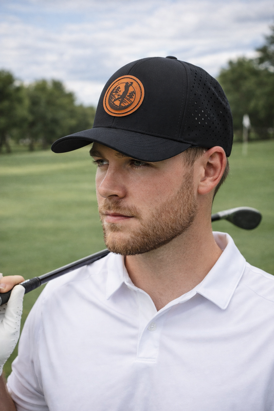 “Fairway” Leather Patch Hat – Black Performance Snapback