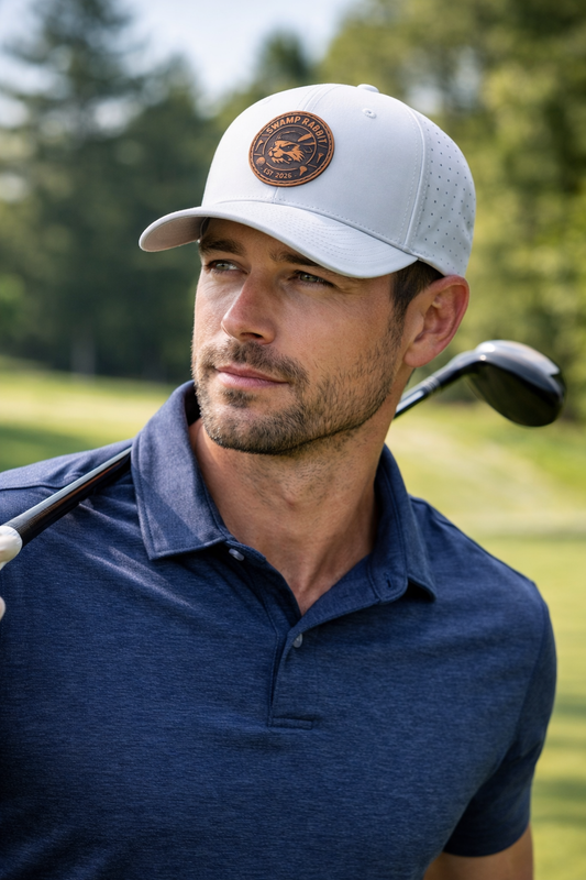 Swamp Rabbit Performance Hat – White | Leather Patch Golf Hat