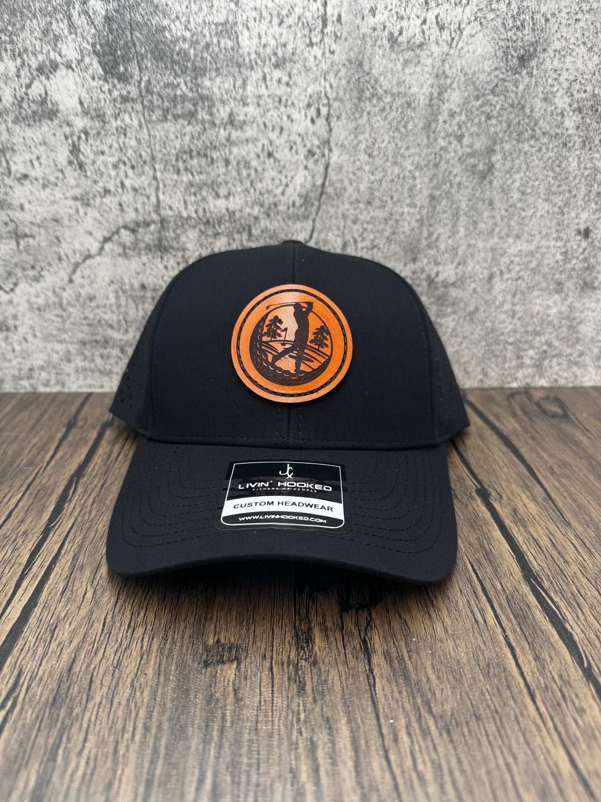 Swamp Rabbit Hat “Fairway” Leather Patch Hat – Black Performance Snapback – Swamp Rabbit
