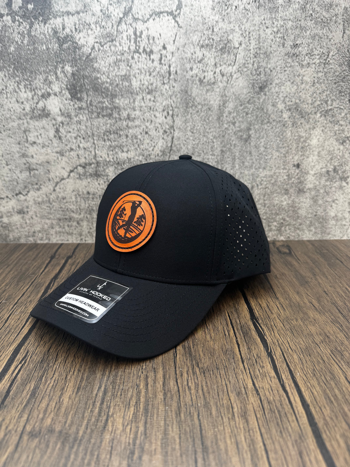 Swamp Rabbit Hat “Fairway” Leather Patch Hat – Black Performance Snapback – Swamp Rabbit