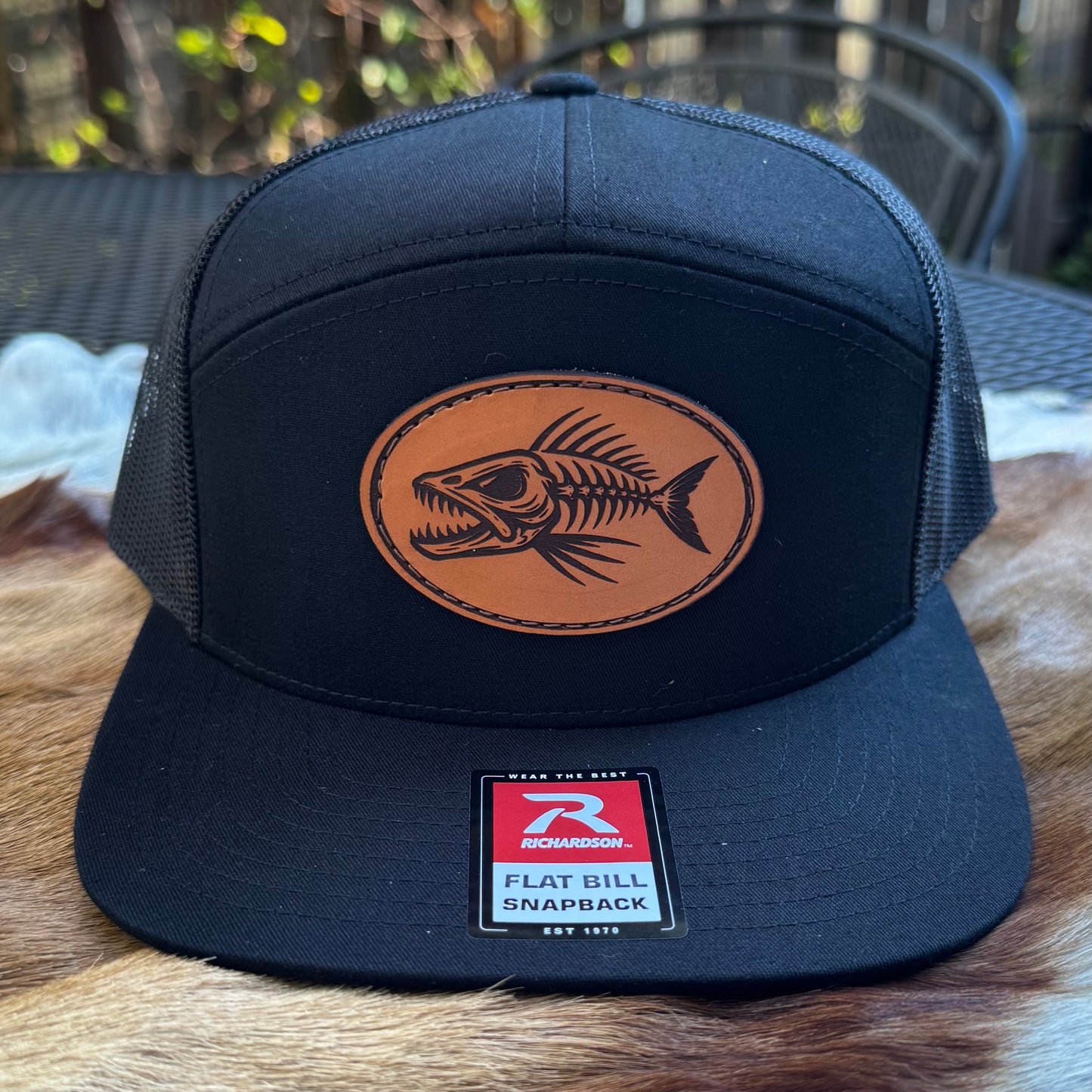 “Blackwater Bonefish” Leather Patch Hat – Black Flat Bill Snapback